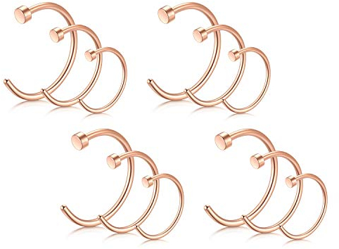 Rajnard 12er Nasenpiercing Nasenringe 18G/20G 6/8/10mm Chirurgenstahl Rosegold Fake Nasenring Nase Piercing Hoop Ring Schmuck Frauen Männer