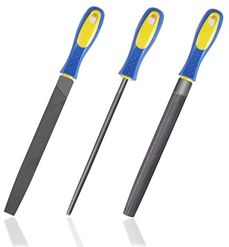 Kalim Set di 3 lime in acciaio temprato ad alte prestazioni da 8 pollici, piatte, rotonde, semicircolare, con manici antiscivolo, adatte per legno, metallo, modelli, modellismo