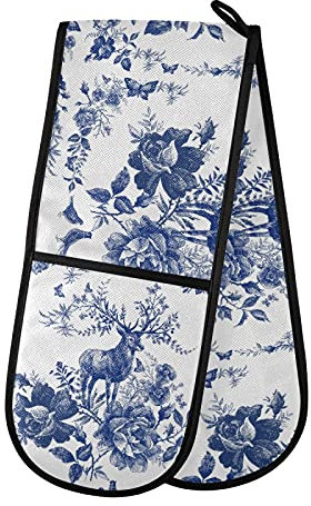 PUXUQU Ofenhandschuhe Wild Tier Rentier Blumen Blume Topfhandschuh Oven Mitts Backhandschuhe Topflappen für Zuhause Küche Backen Kochhandschuhe