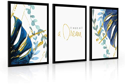 Estika Bilder set mit rahmen - Monstera Blau - Wählen größe (3x A2 oder 3x A3) und farbe des rahmens (4 Farben) - Moderne deko poster set, Wandbild wohnzimmer oder schlafzimmer