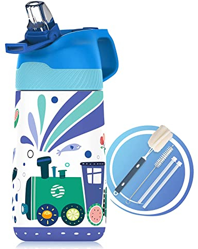 Fjbottle Gourde Isotherme Enfant avec Paille 350ML/400ML, Bouteille Isotherme Etanche sans BPA Tritan, Bouteille d'eau Anti-fuite Réutilisable pour Ecole, Sport et Maternelle