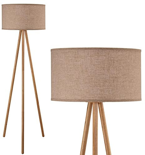 BAKAJI Lampada Piantana da Terra Design Moderno Struttura in Legno Luce Lampadina E27 60 W con Paralume in Tessuto Base Treppiede Dimensione 150 x 45 cm Arredamento Casa (Beige)