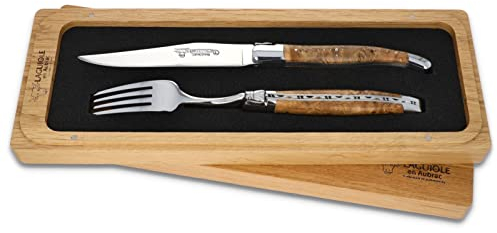 Laguiole en Aubrac - 1 Steakmesser und 1 Gabel Besteck-Set - Griff Lindenholz - Original Frankreich mit Zertifikat