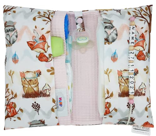 Große Windeltasche für unterwegs mit Namen personalisiert - für Mädchen - Wickeltasche mit Waffelpique - Waldtiere