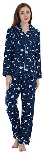 Global - Pigiama da donna, 100% flanella di cotone, con bottoni frontali, pantaloni con coulisse, M