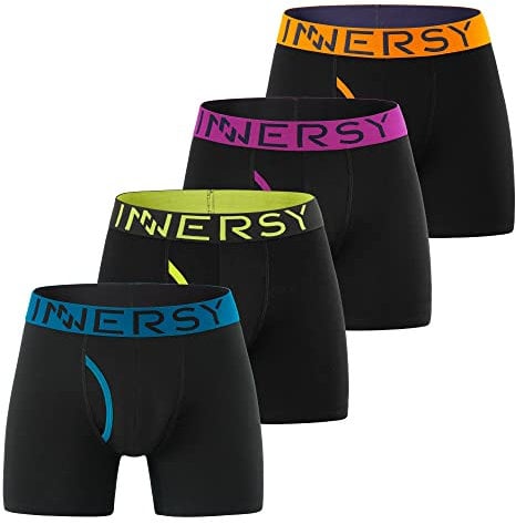 INNERSY Boxers for Men Anti Chafing Underwear Front Cotton Trunks Black Underpants Pack of 4 (M, 4 Black with Colorful Waist)