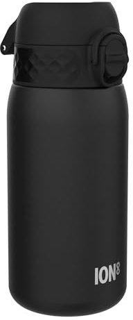 Ion8 Gourde Enfant, Inox Léger, 400ml, Non Isolé, Anti-Fuite, Facile à Ouvrir, Verrouillage Sécurisé, Lavable au Lave-Vaisselle, Poignée de Transport, Acier Inoxydable, Noir