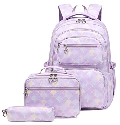 3Pcs Mermaid Scale Backpack Set for Girls with Lunchbox & Pencil Case, Mermaid Girls Backpack School Bag and Lunch Bag Set