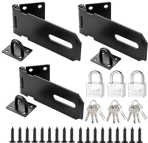 DAJAVE 3 Set Hasp and Staple with Padlock, 4 Inch Hasp & Staple Heavy Duty Padlock Hasp Door Hasp Latch Lock and Clasp Black Shed Lock for Bedroom Garage Window Garden Cabinet Shed