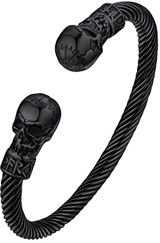 FaithHeart Punk Gothic Armband für Herren Jungen, Schwarz Totenkopf Kettenarmband mit Vegvisir Symbol, Verstellbares Armspange mit Geschenkbox für Valentinstag Geburtstag