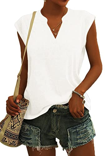 Cicy Bell Bluse Damen Elegant Ärmellose T-Shirt V Ausschnitt Cap Tops Shirt T-Shirts für Damen Sommer Hemden Oberteile Weiß L