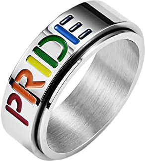 Epinki Titanstahl Freundschaftsringe Junge und Mädchen, Spinner Ring Regenbogen Pride Breit 8MM Anxiety Ringe, Silber Spinner Fidget Ring für Damen Herren, Größe 67 (21.3)