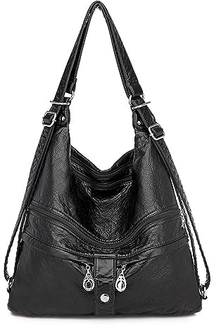 NOTAG Handtasche Damen Multi Tasche PU Leder Hobo Schultertasche 3 in 1 Multifunktionale Rucksack (Schwarz-Neu)
