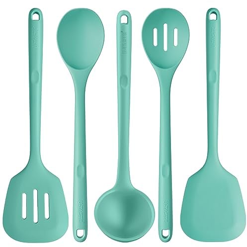 U-Taste Utensili da cucina in silicone extra lunghi: Accessori da cucina per uso alimentare resistenti al calore 315℃, Spatole, cucchiai da cucina e mestolo in silicone antiaderente (5 Pz, Aqua Sky)