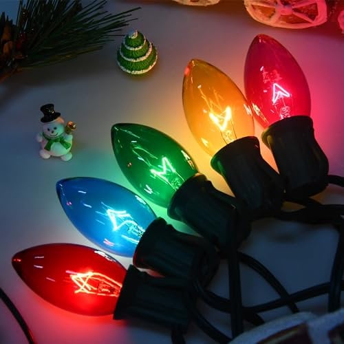 SOTOPOO C9 Multicolor Lights Outdoor Vintage Tree Lights Indoor , 25FT Clear Colorful Lights w/ 25Pcs E17 Base Bulbs Home Party Yard Porch Stair Decor (ULP(9)-LR(25)(7W))