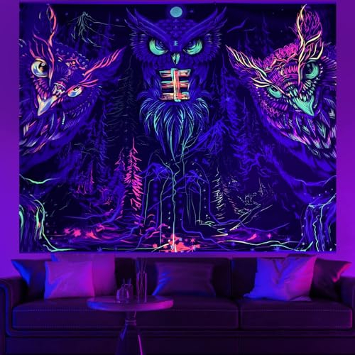 LLGWGL Schwarzlicht UV-Wandteppich Aesthetic Psychedelic - Wandbehang Wanddekoration Eulen Wandtücher - Wandteppich kinderzimmer - Trippy Wandteppiche für Schlafzimmer(Three Owls, 200×150cm)