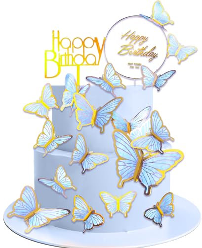Yatinkim Kuchen Dekorationen Schmetterling Blau Schmetterlinge Cupcake Topper 22 Stück für Happy Birthday Hochzeit Party Zubehör Thema Zubehör Frauen Mädchen