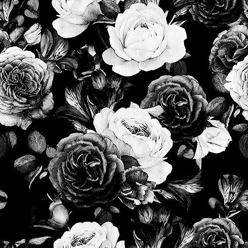 Thick Wallpaper Flowers, 600 x 44.5 cm, Black/White Vintage Wallpaper, Decorative Self-Adhesive Contact Paper, Peel and Stick Wallpaper for Bedroom Cabinets and Kitchen Decoration