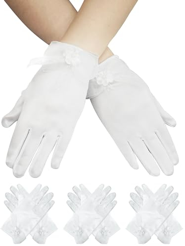 Fingered Handschuhe für Mädchen Fancy Kostüm Prinzessin Handschuhe Schleife Brim für Taufe Abend Festzug Abschlussball Dress Up 3-Paare