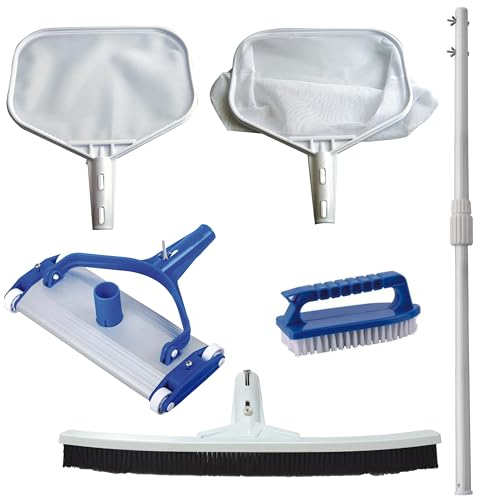 Kit de Limpieza Profesional conexión de palomilla para Piscinas Grandes - 1 Limpiafondos + 1 Pértiga + 2 Recogehojas + 2 Cepillos