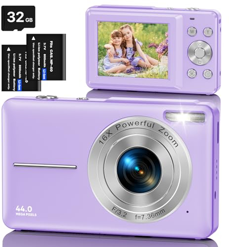 Macchina Fotografica Digitale con Scheda 32GB, 1080P 44MP Fotocamera Digitale Compatta con Zoom Digitale 16X Flash e 2 Batterie, Macchina Fotografica per Bambini, Adulti, Principianti (Viola)