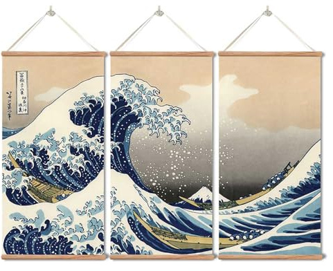 xinyuru Traditionelle japanische Schriftrolle, Wandkunst – Die große Welle | Massivholz-Schäfte, keine Farbe, fertig zum Aufhängen, 2 cm dick, Ukiyo-e-Poster, für Arbeitszimmer, Schlafzimmer, Büro
