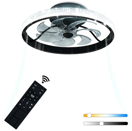 40CM Diameter Black Ceiling Fan with Light,Small Fan Lights with 6 Speeds,3 Color Temperature Flush Mount Ceiling Light with Remote Control,Dimmable Fan Lights for Bedroom,Kid's Room,Living Room