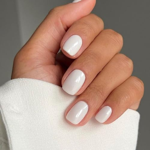 Goiern Lot de 24 faux ongles press on nails, courts, en gel, blanc laiteux, à coller, ronds, réutilisables, en acrylique, pour printemps, été