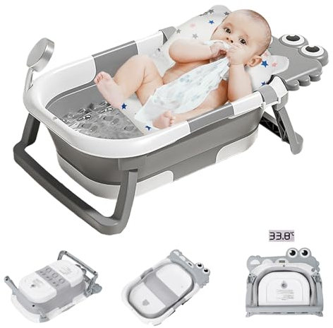 Balakaka 2024 Nuevo Bañera Plegable Bebé, Cocodrilo Bañeras para Bebes con Cojin & Termómetro, Bañera de Viaje Portátil con Orificio de Drenaje para Niños de 0 a 15 Meses, Gris