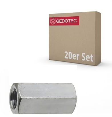 Gedotec Sechskant-Langmutter DIN 6334 | M4 x 12 mm | 20 Stück | verzinkter Stahl, rostfrei | Verbindungsmutter, Kupplungsmutter, Gewindehülsen, Stangenmutter, Distanzmuffe, Gewindemutter