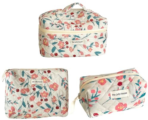 Starnearby Lot de 3 Trousse de Toilette Matelassée Femme en Coton Doux, Trousse de Maquillage Fleurie, Pochette de Rangement Maquillage, Trousse de Beauté, Trousse Cosmétique Voyage (A-Style 26)