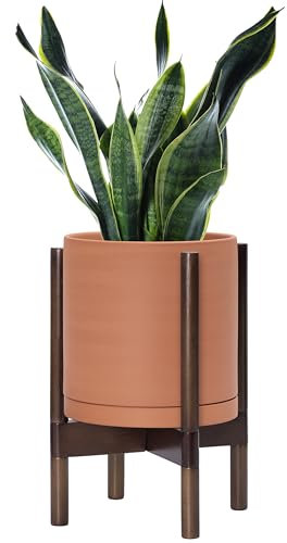 D'vine Dev Jardinière en terre cuite avec support - Pot de fleurs rond moderne de 25,4 cm avec support en bois, terre cuite, 55-B-X-5