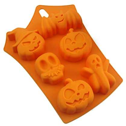 CAKEEYUM Silicone Mold 6 Grid Halloween Candy Ice Cube Orange Mold Trays Ghost Pumpkin Baking for HalloweenSilicone Chocolate Halloween Candy Ice Cube Tray