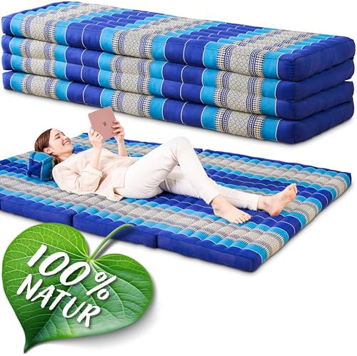 Namasdee Klappmatratze 200x140x8cm mit 100% natürlicher Kapokfüllung (Blau)
