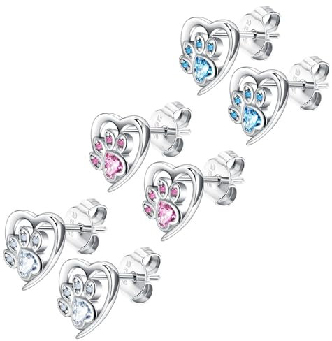 HinDaLi 3 Paar Herz Ohrringe Silber 925 für Damen Mädchen Ohrringe Damen Stecker Klein Silber Ohrstecker Herz Rosa mit Zirkonia Hundepfote Ohrstecker Katzenpfote Blau