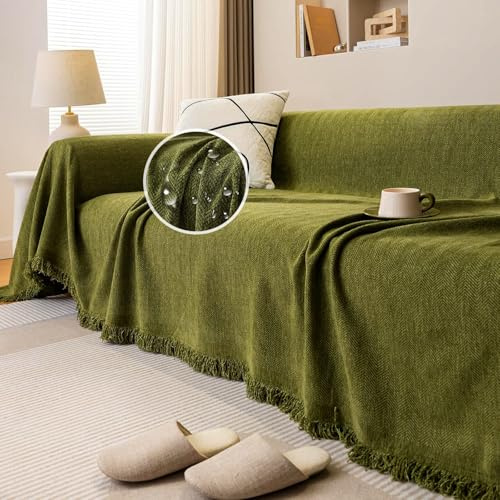 JIcloun Grün Sofa überwurfdecke L Form Große 1 2 3 4 Sitzer Sofadecke Kuscheldecke Chenille Couch Überwurf Tagesdecke mit Fransen, Wasserdicht 180x340cm