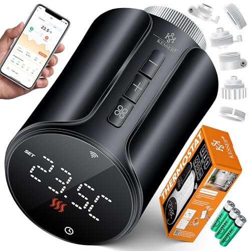 KESSER® Thermostat de Radiateur - 2 Set | Thermostat de Chauffage WLAN avec Commande App Smart Home | Thermostat Alexa, Google Assistant avec 6 Vannes de Radiateur - Rond/Noir