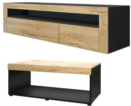 Vladon Wohnzimmer-Set Berlin, bestehend aus 1 TV-Board mit 1 offenem Fach und 2 Klappen und 1 Couchtisch, Schwarz matt/Eiche Natur