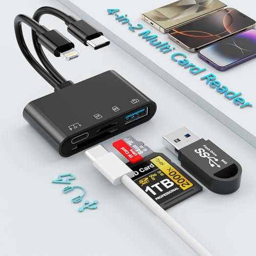 4-in-2 SD-Kartenleser für iPhone, Lightning-USB-C-Speicherkartenleser-Adapter, Kamerakartenleser-Adapter mit SD + TF + USB 3.0 + USB-C-Ladeanschluss, Micro-SD-Kartenleser für iPhone 16/15/14/iPad/Mac,
