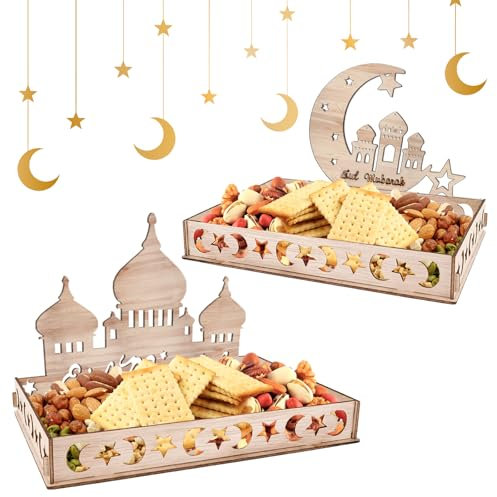 Byhsoep Ramadan Teller Eid Mubarak Deko Tablett mit Mond Stern Schloss Muster Ramadan Geschirrset Tischdeko Holztablett für Kareem Party(Mond+Schloss)