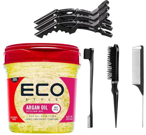 Haarstyling-Bundle: Eco Style Marokkanisches Arganöl Styling-Gel 473 ml, 3 Krokodil-Haarspangen, 3-teiliges professionelles Haarbürsten-Set