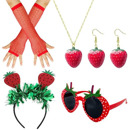 HDGSAFD 1 Set Von Erdbeerdekorationsanzug, Stirnbandgläser Handschuhe Halskette Ohrringe Set, Obstkleid -Requisiten, Kreativer Erdbeer -Kopfschmuck, Partykostümzubehör.