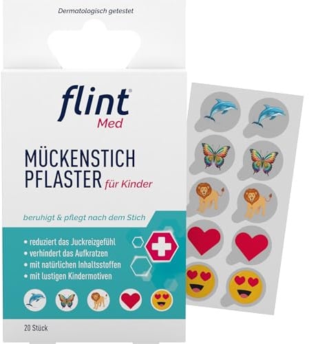 flint Med Mückenstich Pflaster, 20 Stück – Für Kinder, reduziert Juckreiz, beruhigt die Haut nach dem Stich, mit natürlichen Inhaltsstoffen, mit lustigen Kindermotiven, bei Mücken- und Insektenstichen