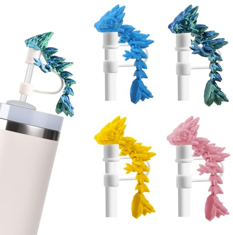Beesini 4PCS Dragon Straw Cover Cap Compatible with Stanley 30 & 40oz Straw Cup, Silicone Straw topper with 3D Printed Dragon, Cool Tumbler Accessories, Halloween Decorations