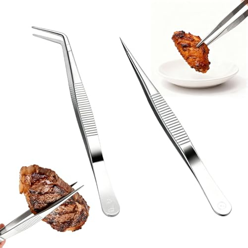 Set di 2 pinzette professionali da chef, in acciaio inox per uso alimentare, con design ergonomico per cucinare, cuocere e servire (pinze dritte e a gomito)