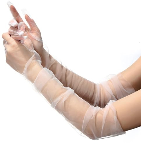 FANCYWUXI Damen Lange Tüll Handschuhe,Weiße Nahtlose Handschuhe,1 Paar Tüll Netzhandschuhe Transparent Tüllhandschuhe Lang für Hochzeit Abend Party Cocktail Ball Mottopart