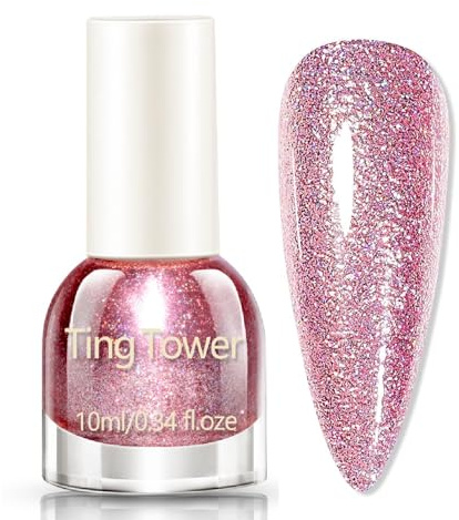 Pink Glitter Nail Polish - Sparkly Shiny Nail Polish - Shimmer Diamond Pink Nail Varnish - Quick Dry High Glossy Nail Paint Gel - Long Lasting Nail Art Polish - No Need Cure - 10ml
