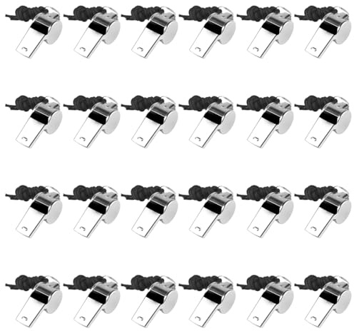 24 Pièces Sifflets en Acier Inoxydable avec Cordon Amovible