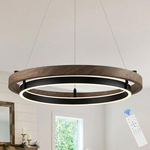 CATINER Moderner LED Ring Kronleuchter Schwarz Dimmbarer Foyer Kronleuchter mit Fernbedienung Up & Down Licht Nussholz Runder Kronleuchter für Kücheninseln Esszimmer Eingang Schlafzimmer 60cm