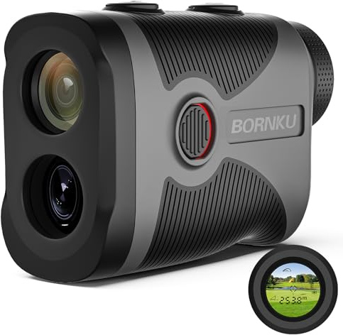 BORNKU Rechargeable Golf Range Finder with Slope Switch On/Off, 1100 Yards | ±0.5yard Accuracy, Flag Pole Lock with Vibration, Legal for Tournament Play, IP54 Waterproof, Magnetic Suction, Carrying Case